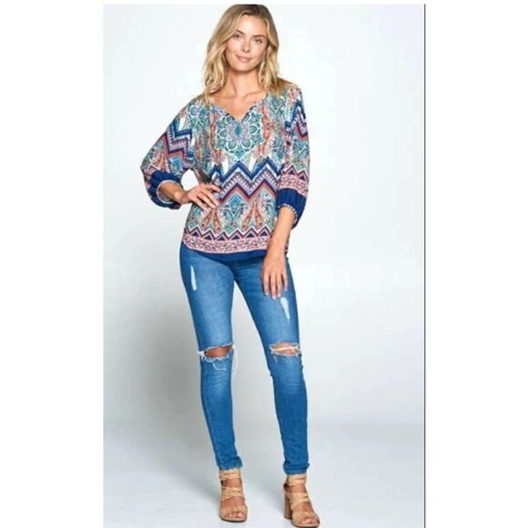 Renee C. No iron Large Paisley Chevron V-Neck 3/4 Sleeve Vibrant Boho Blouse top - Picture 4 of 11